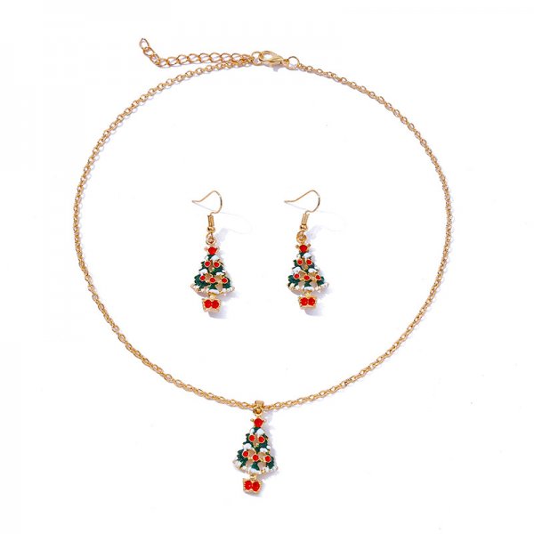 Fashion Simple Oil Dripping Christmas Tree Earrings Necklace Set Women