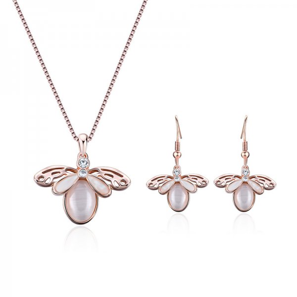 Simple Style Alloy Inlaid Zircon Necklace Earrings Opal Jewelry Two-piece Set