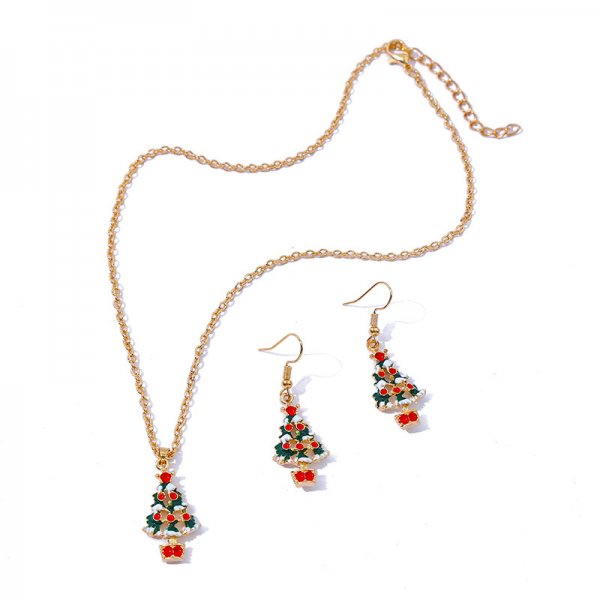 Fashion Simple Oil Dripping Christmas Tree Earrings Necklace Set Women