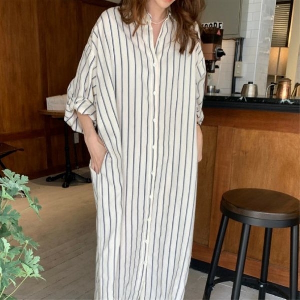 Striped Slimming Mid-length Drop-shoulder Sleeve Shirt Dress